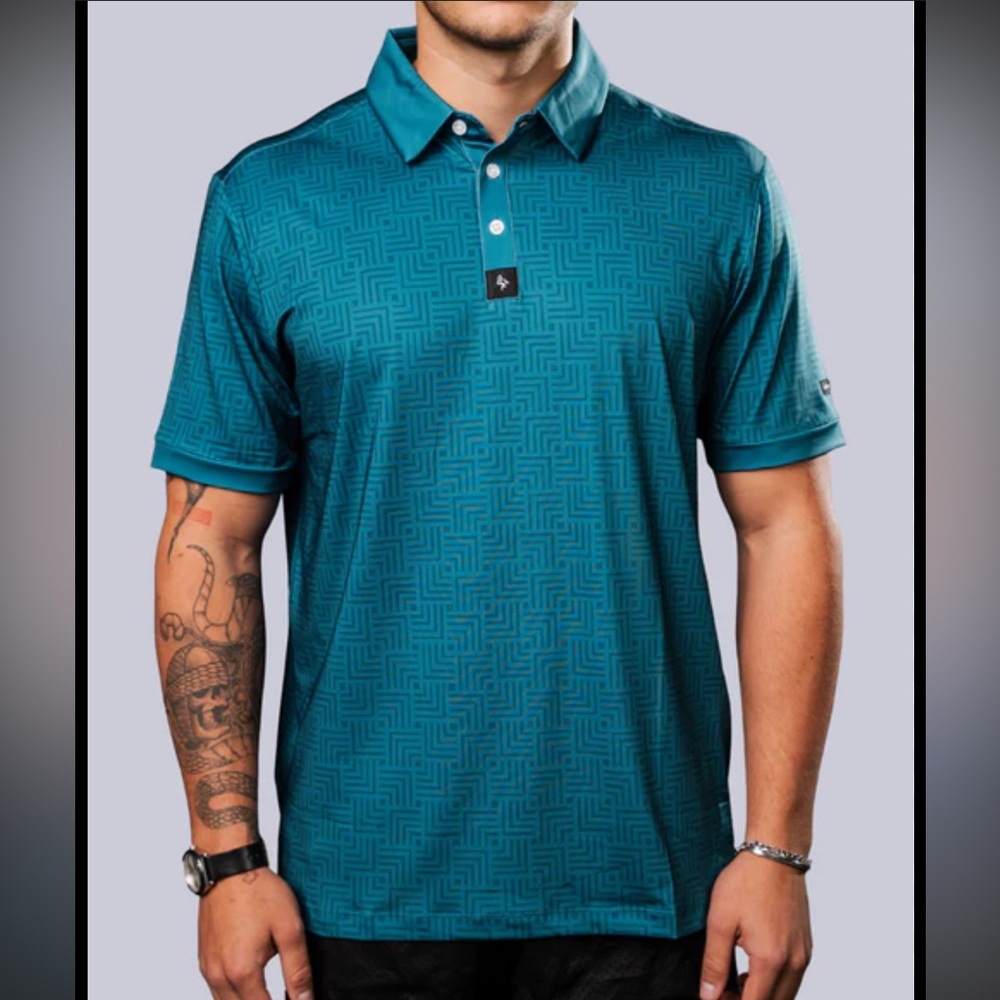 Byrd Gang Geo - Men's Teal Geometric Pattern Performance Golf Polo